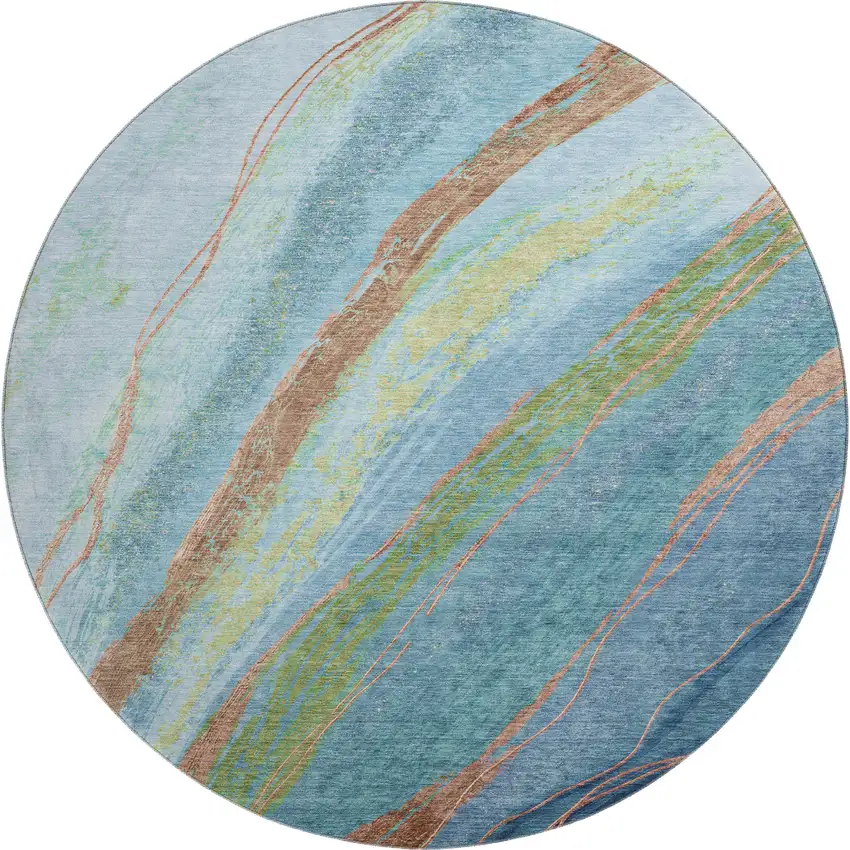 8' Blue And Copper Abstract Washable Round Rug With UV Protection Photo 1