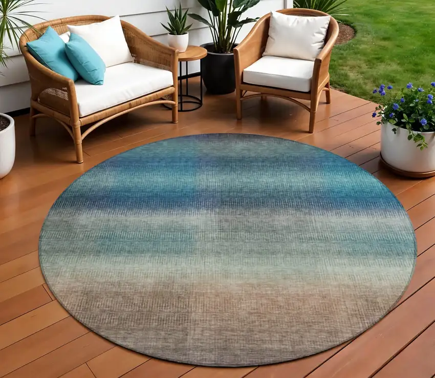 8' Blue And Copper Round Abstract Washable Indoor Outdoor Area Rug Photo 2