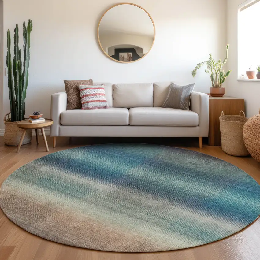 8' Blue And Copper Round Abstract Washable Indoor Outdoor Area Rug Photo 6