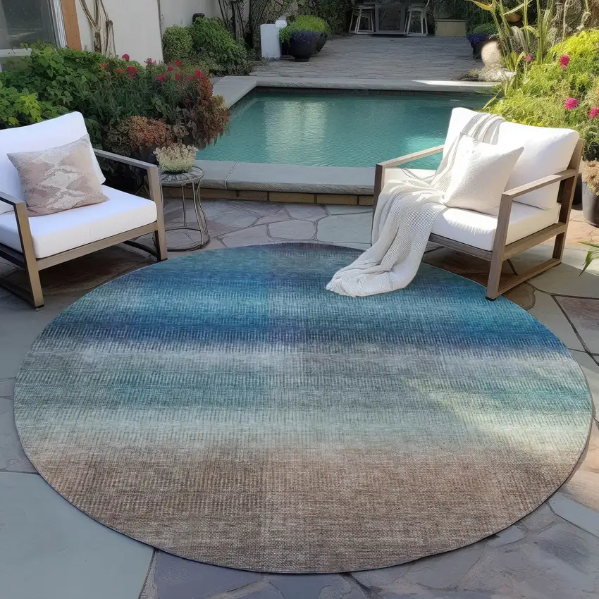 8' Blue And Copper Round Abstract Washable Indoor Outdoor Area Rug Photo 5