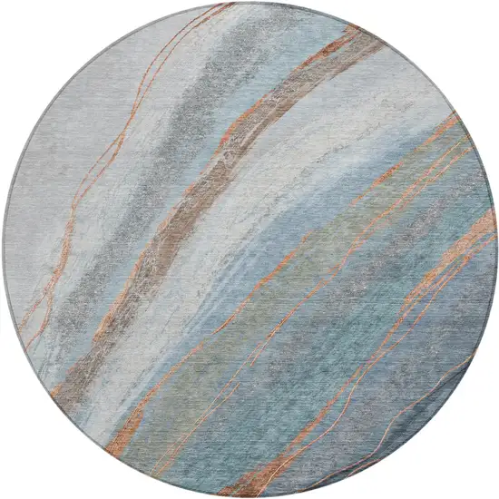 8' Blue And Copper Round Abstract Washable Indoor Outdoor Area Rug Photo 1
