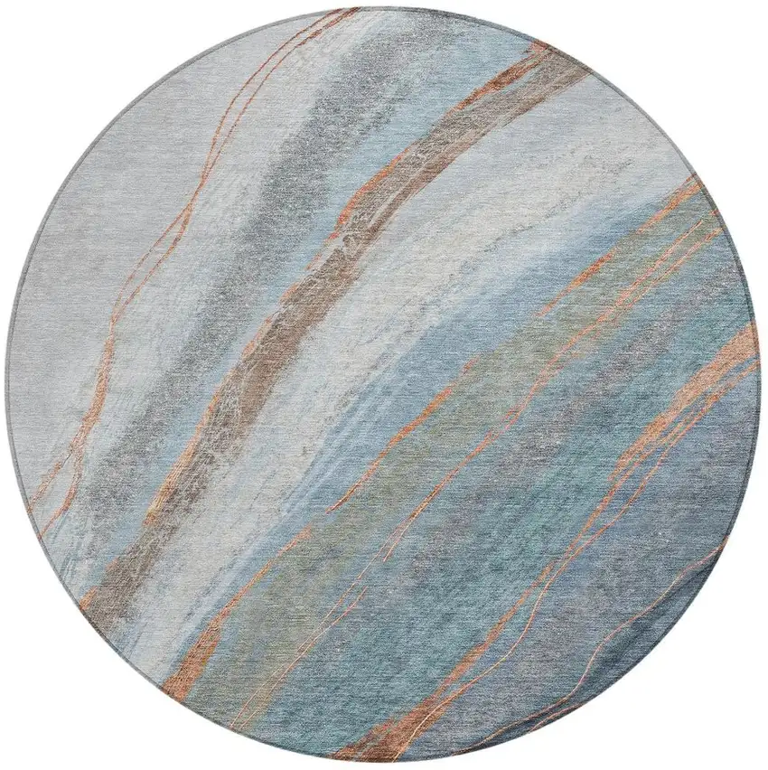 8' Blue And Copper Round Abstract Washable Indoor Outdoor Area Rug Photo 3