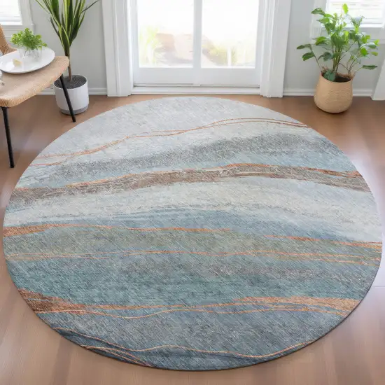 8' Blue And Copper Round Abstract Washable Indoor Outdoor Area Rug Photo 6