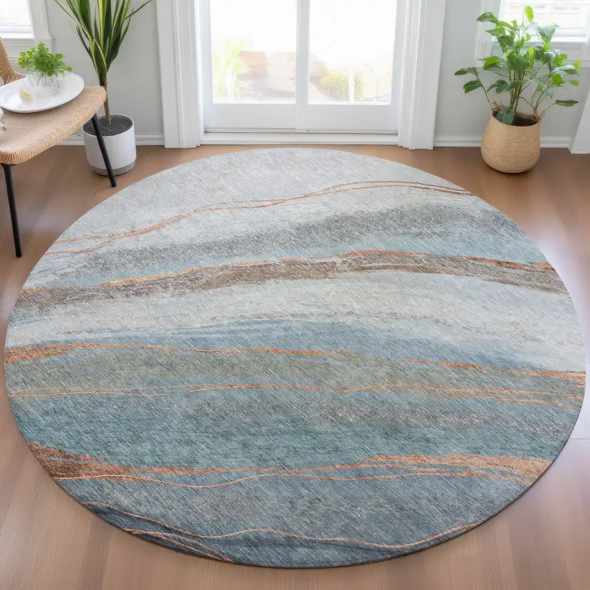 8' Blue And Copper Round Abstract Washable Indoor Outdoor Area Rug Photo 6