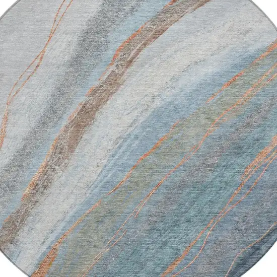8' Blue And Copper Round Abstract Washable Indoor Outdoor Area Rug Photo 8