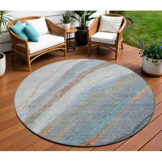 8' Blue And Copper Round Abstract Washable Indoor Outdoor Area Rug Photo 2