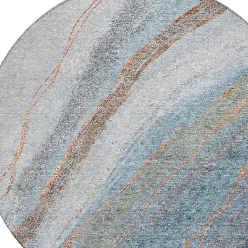 8' Blue And Copper Round Abstract Washable Indoor Outdoor Area Rug Photo 4