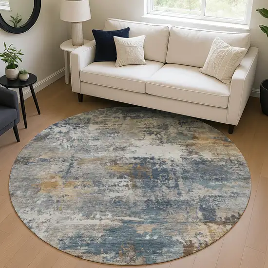 8' Blue And Copper Round Abstract Washable Indoor Outdoor Area Rug Photo 5