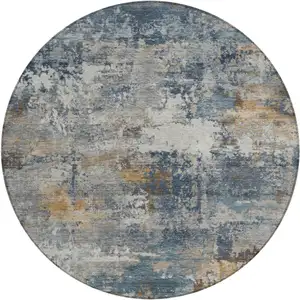 Photo of 8' Blue And Copper Round Abstract Washable Indoor Outdoor Area Rug