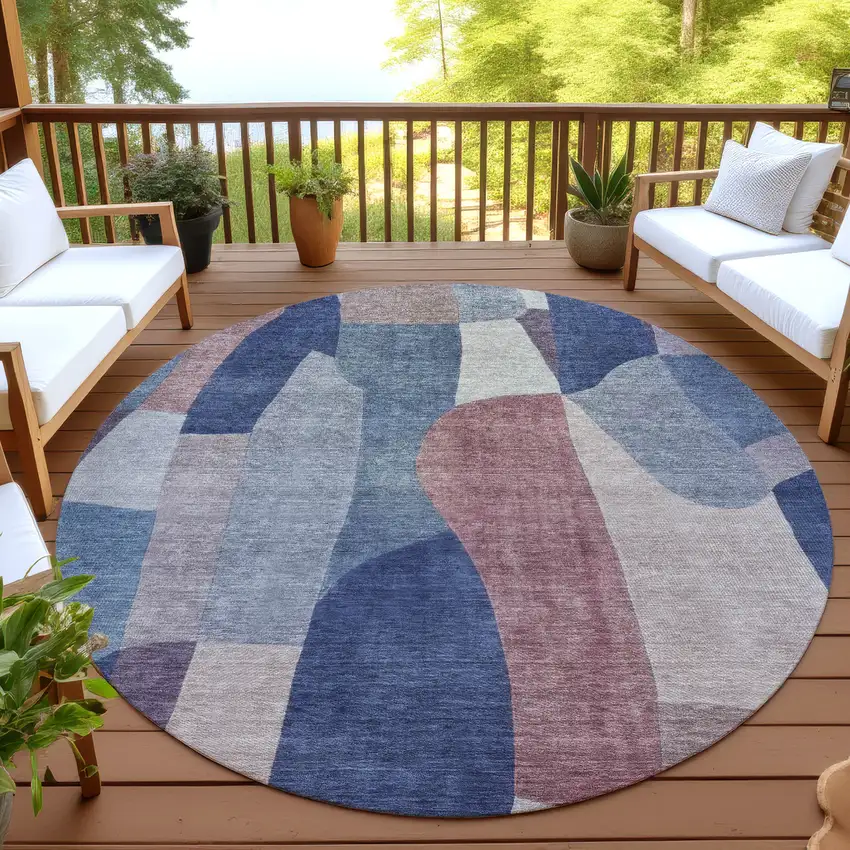 8' Blue And Copper Round Abstract Washable Indoor Outdoor Area Rug Photo 4