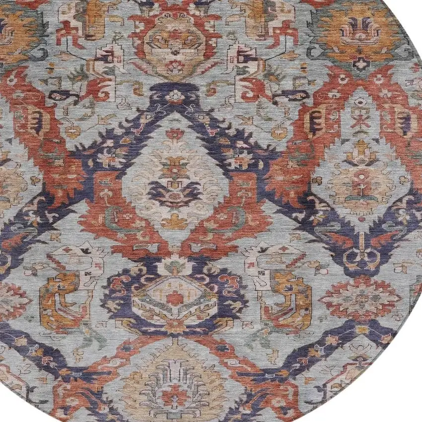 8' Blue And Copper Round Damask Washable Indoor Outdoor Area Rug Photo 4