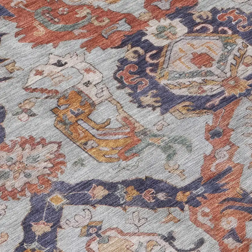 8' Blue And Copper Round Damask Washable Indoor Outdoor Area Rug Photo 9