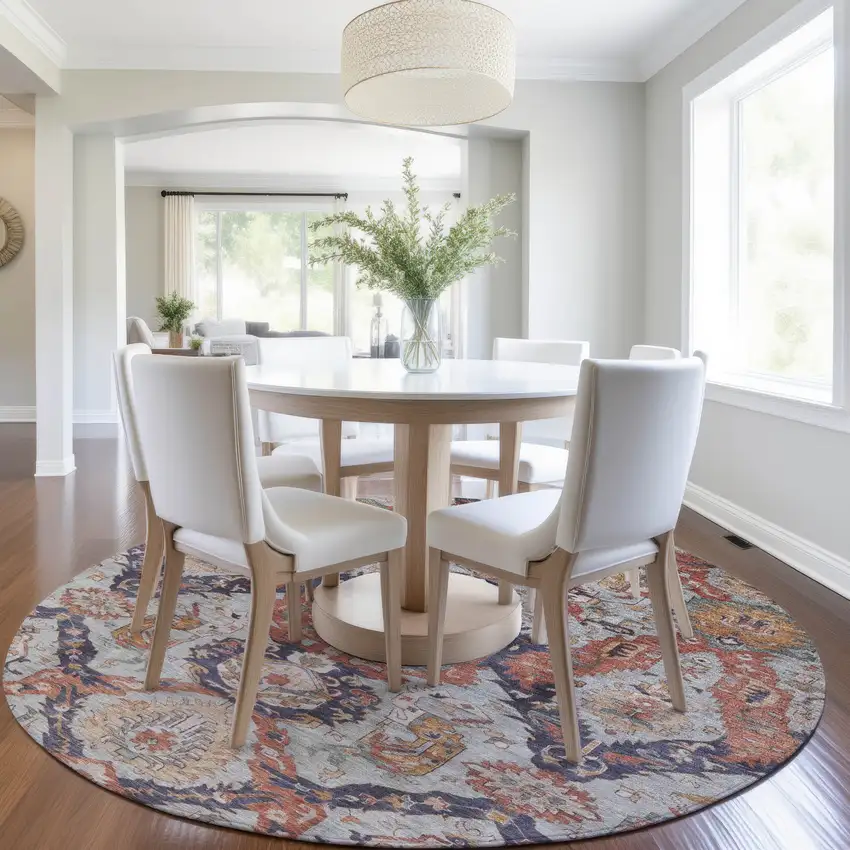 8' Blue And Copper Round Damask Washable Indoor Outdoor Area Rug Photo 6