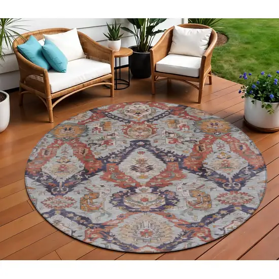 8' Blue And Copper Round Damask Washable Indoor Outdoor Area Rug Photo 2