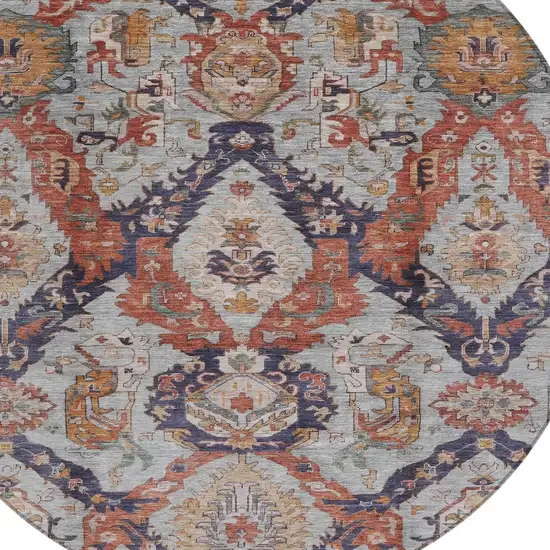 8' Blue And Copper Round Damask Washable Indoor Outdoor Area Rug Photo 8