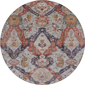 Photo of 8' Blue And Copper Round Damask Washable Indoor Outdoor Area Rug