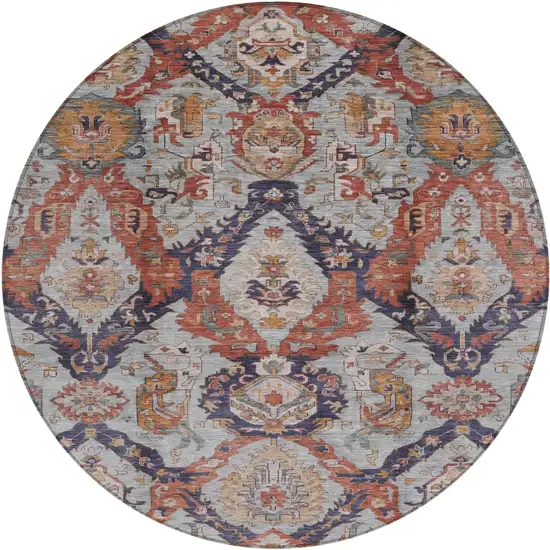 8' Blue And Copper Round Damask Washable Indoor Outdoor Area Rug Photo 1