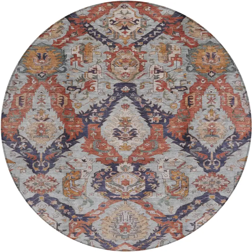 8' Blue And Copper Round Damask Washable Indoor Outdoor Area Rug Photo 1