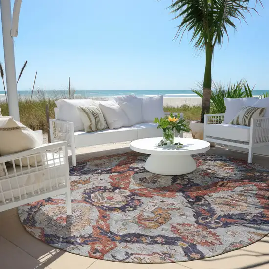 8' Blue And Copper Round Damask Washable Indoor Outdoor Area Rug Photo 5