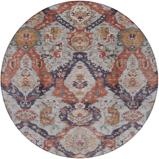 8' Blue And Copper Round Damask Washable Indoor Outdoor Area Rug Photo 3