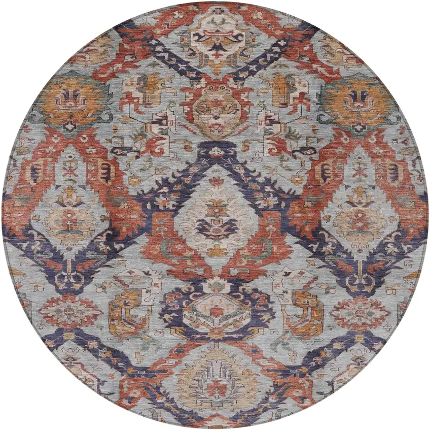 8' Blue And Copper Round Damask Washable Indoor Outdoor Area Rug Photo 3