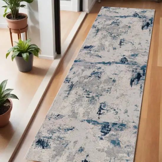 6' Blue And Cream Abstract Runner Rug Photo 1