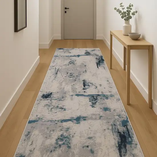 12' Blue And Cream Abstract Runner Rug Photo 2