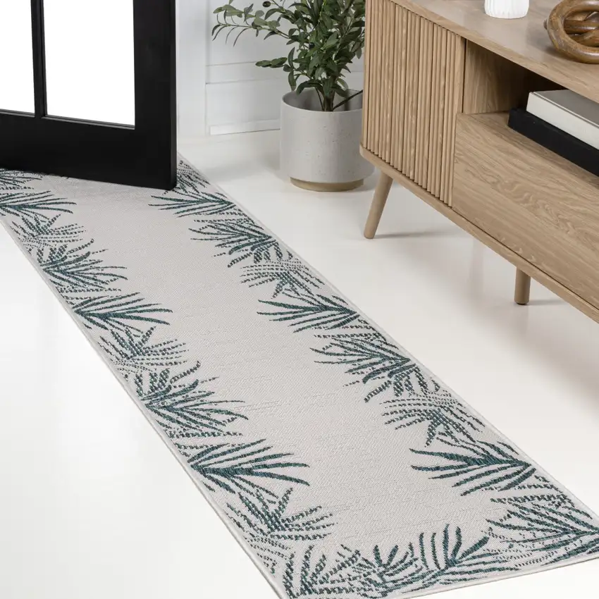 8' Blue And Cream Floral Indoor Outdoor Runner Rug Photo 4