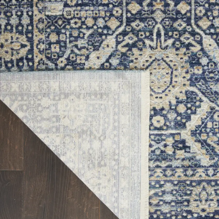 8' Blue And Cream Floral Non Skid Runner Rug With Fringe Photo 7