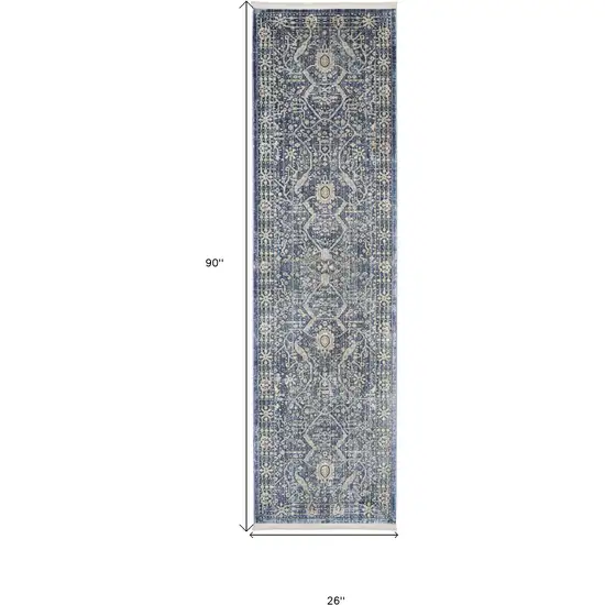 8' Blue And Cream Floral Non Skid Runner Rug With Fringe Photo 9