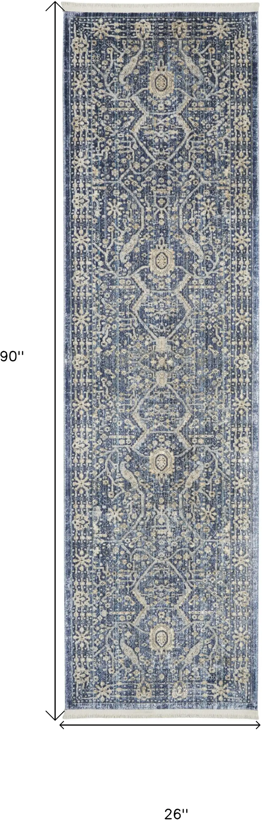 8' Blue And Cream Floral Non Skid Runner Rug With Fringe Photo 9
