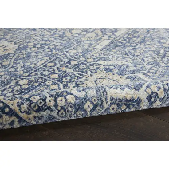 8' Blue And Cream Floral Non Skid Runner Rug With Fringe Photo 8