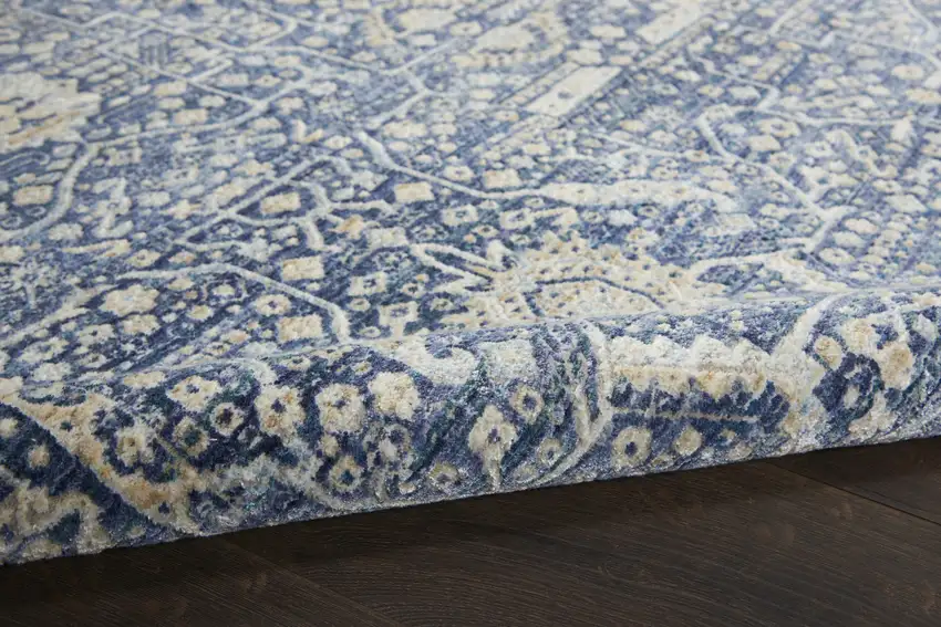 8' Blue And Cream Floral Non Skid Runner Rug With Fringe Photo 8