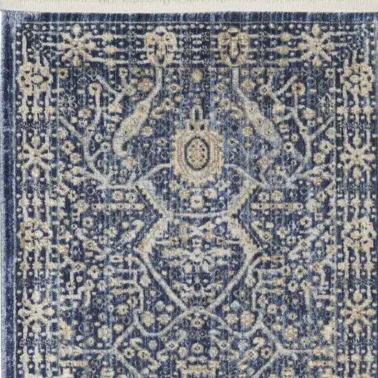 8' Blue And Cream Floral Non Skid Runner Rug With Fringe Photo 7