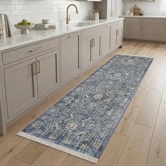 8' Blue And Cream Floral Non Skid Runner Rug With Fringe Photo 1