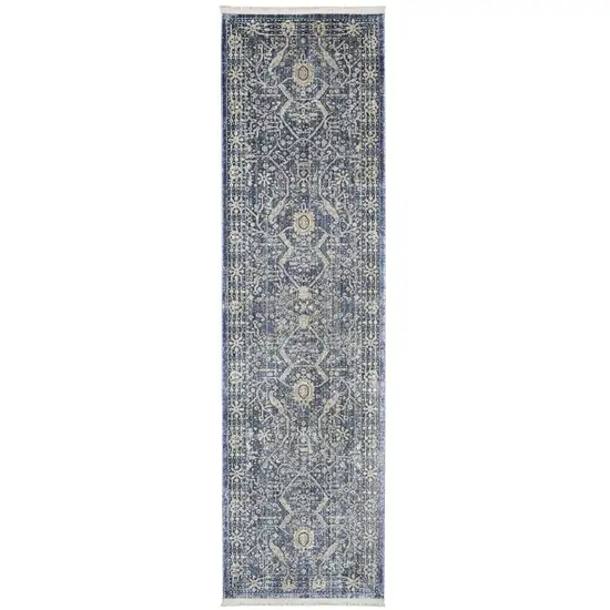 8' Blue And Cream Floral Non Skid Runner Rug With Fringe Photo 2