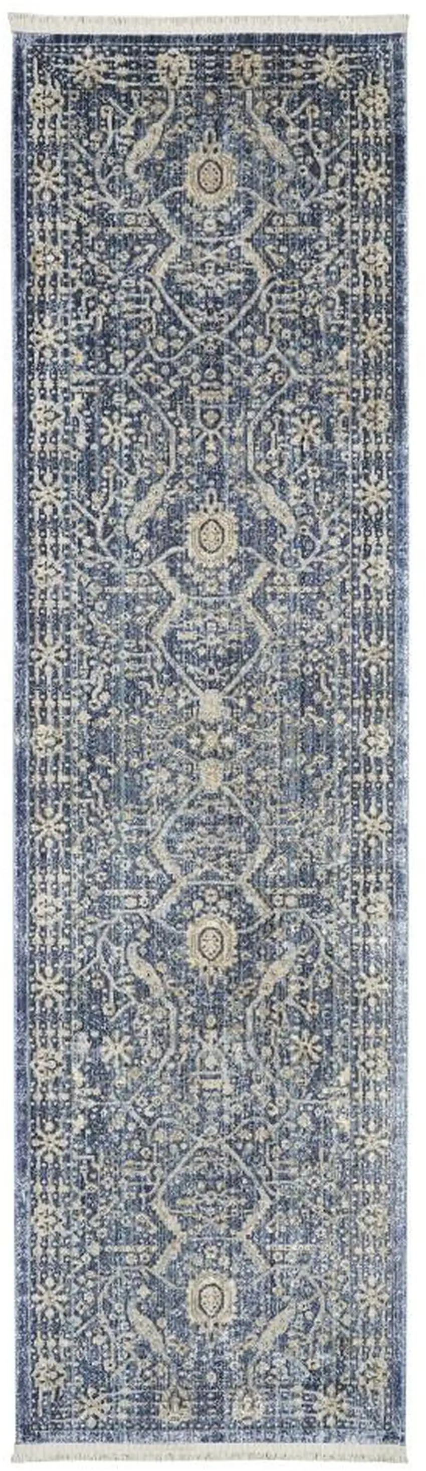 8' Blue And Cream Floral Non Skid Runner Rug With Fringe Photo 2