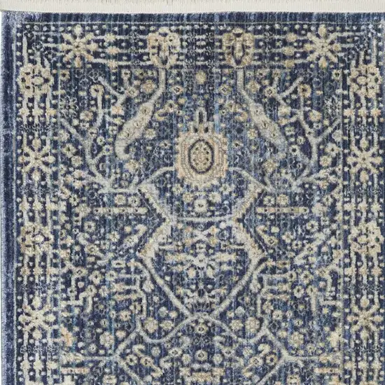 8' Blue And Cream Floral Non Skid Runner Rug With Fringe Photo 4