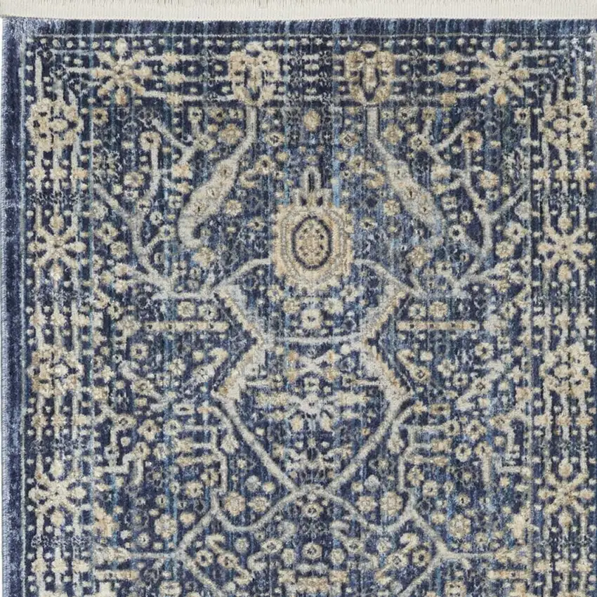 8' Blue And Cream Floral Non Skid Runner Rug With Fringe Photo 4