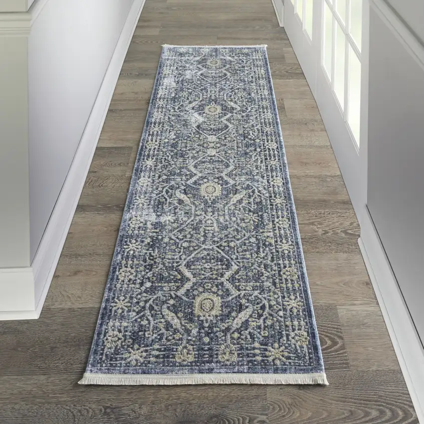 8' Blue And Cream Floral Non Skid Runner Rug With Fringe Photo 5