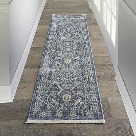 8' Blue And Cream Floral Non Skid Runner Rug With Fringe Photo 5