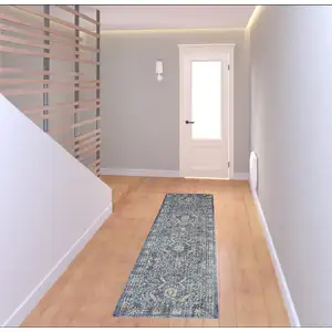 Photo of 8' Blue And Cream Floral Non Skid Runner Rug With Fringe