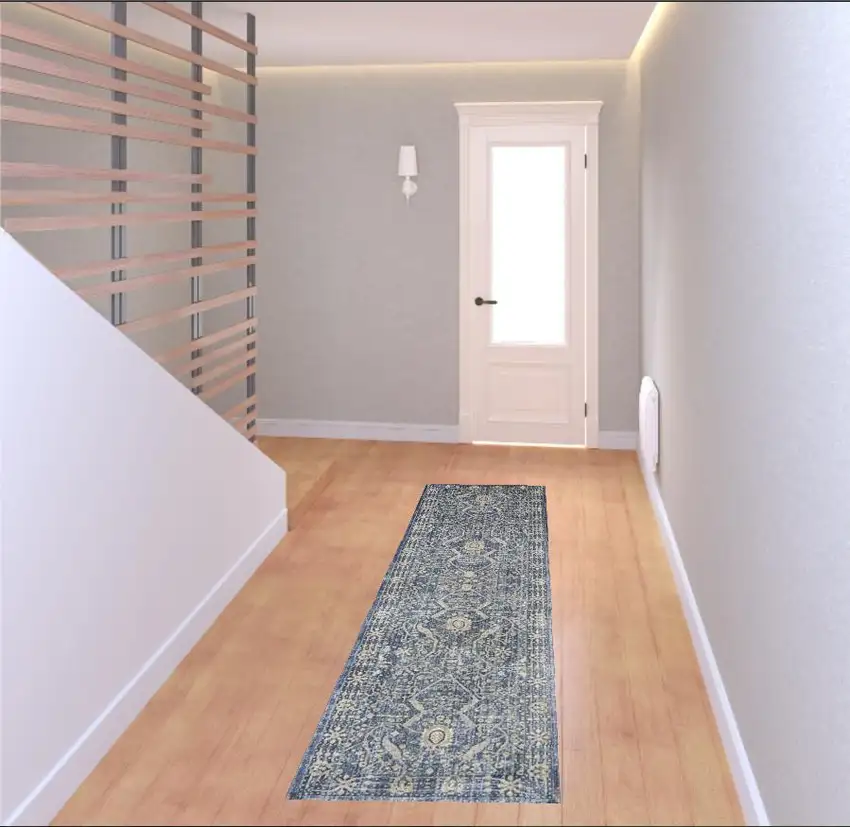 8' Blue And Cream Floral Non Skid Runner Rug With Fringe Photo 1