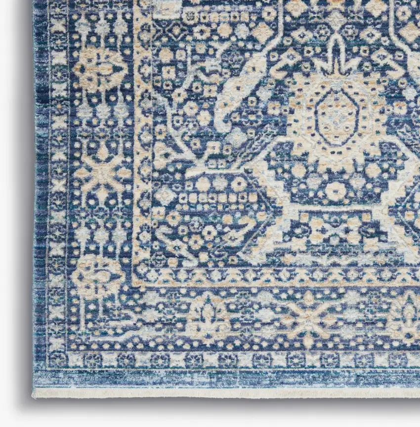 8' Blue And Cream Floral Non Skid Runner Rug With Fringe Photo 9