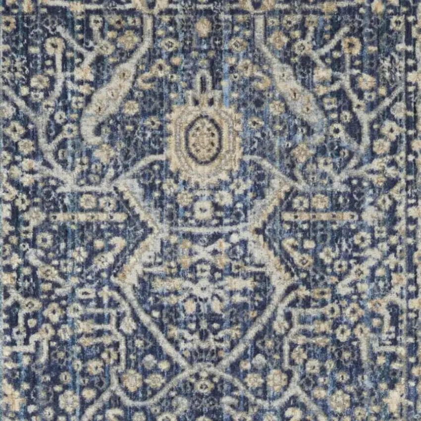 8' Blue And Cream Floral Non Skid Runner Rug With Fringe Photo 3