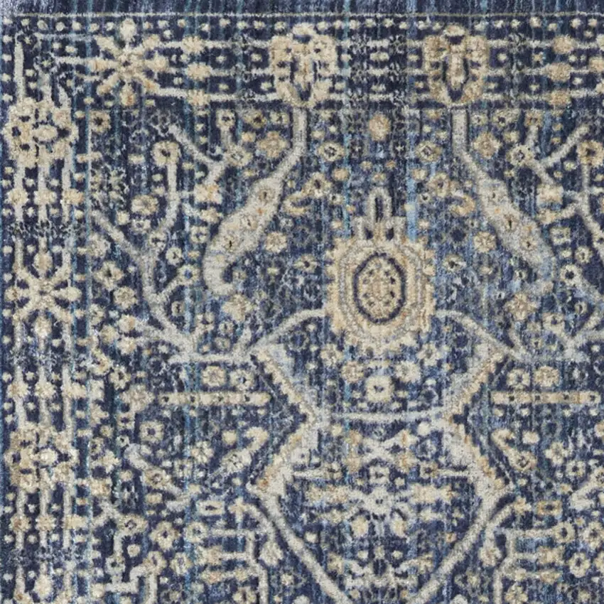 8' Blue And Cream Floral Non Skid Runner Rug With Fringe Photo 6