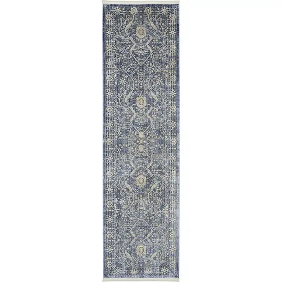 8' Blue And Cream Floral Non Skid Runner Rug With Fringe Photo 2