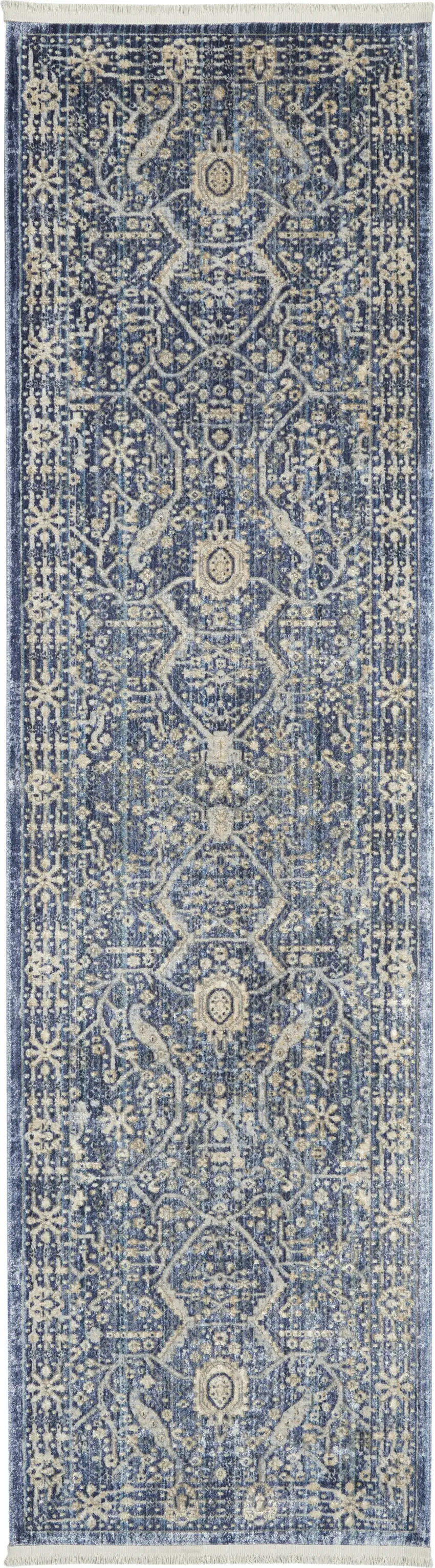 8' Blue And Cream Floral Non Skid Runner Rug With Fringe Photo 2