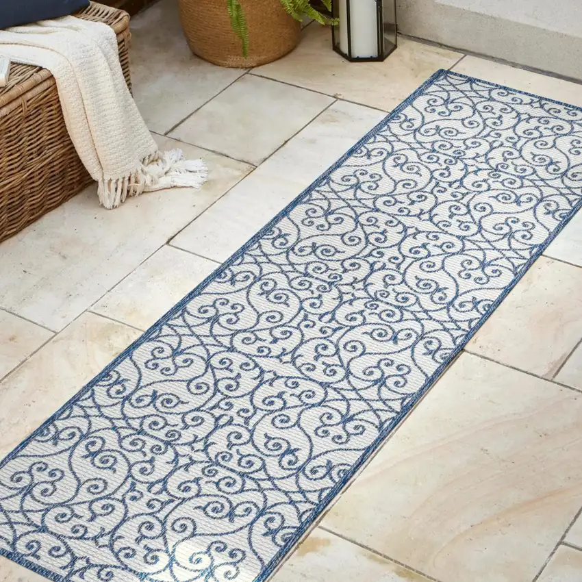 10' Blue And Cream Geometric Indoor Outdoor Runner Rug Photo 5