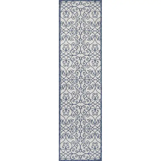 10' Blue And Cream Geometric Indoor Outdoor Runner Rug Photo 1
